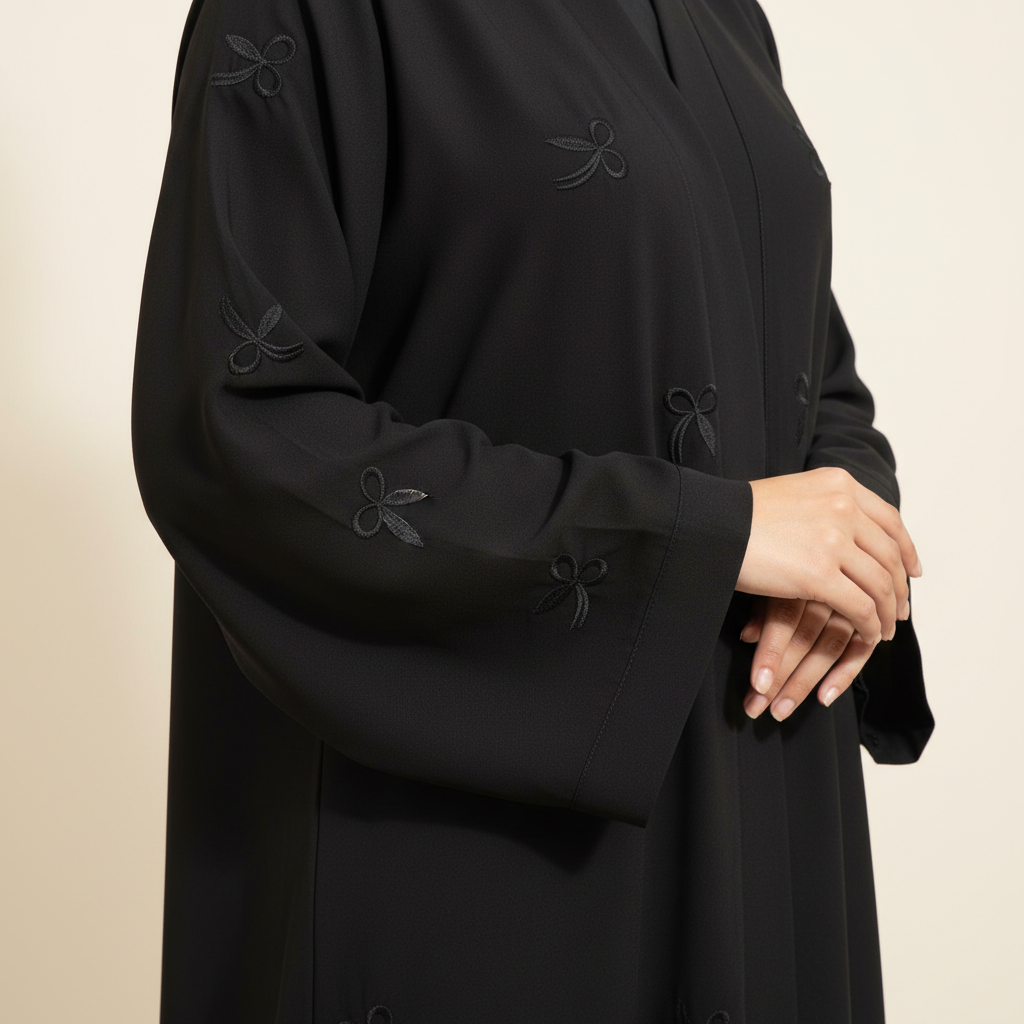 Elegant Ribbon-Motif Front-Open Modest Abaya