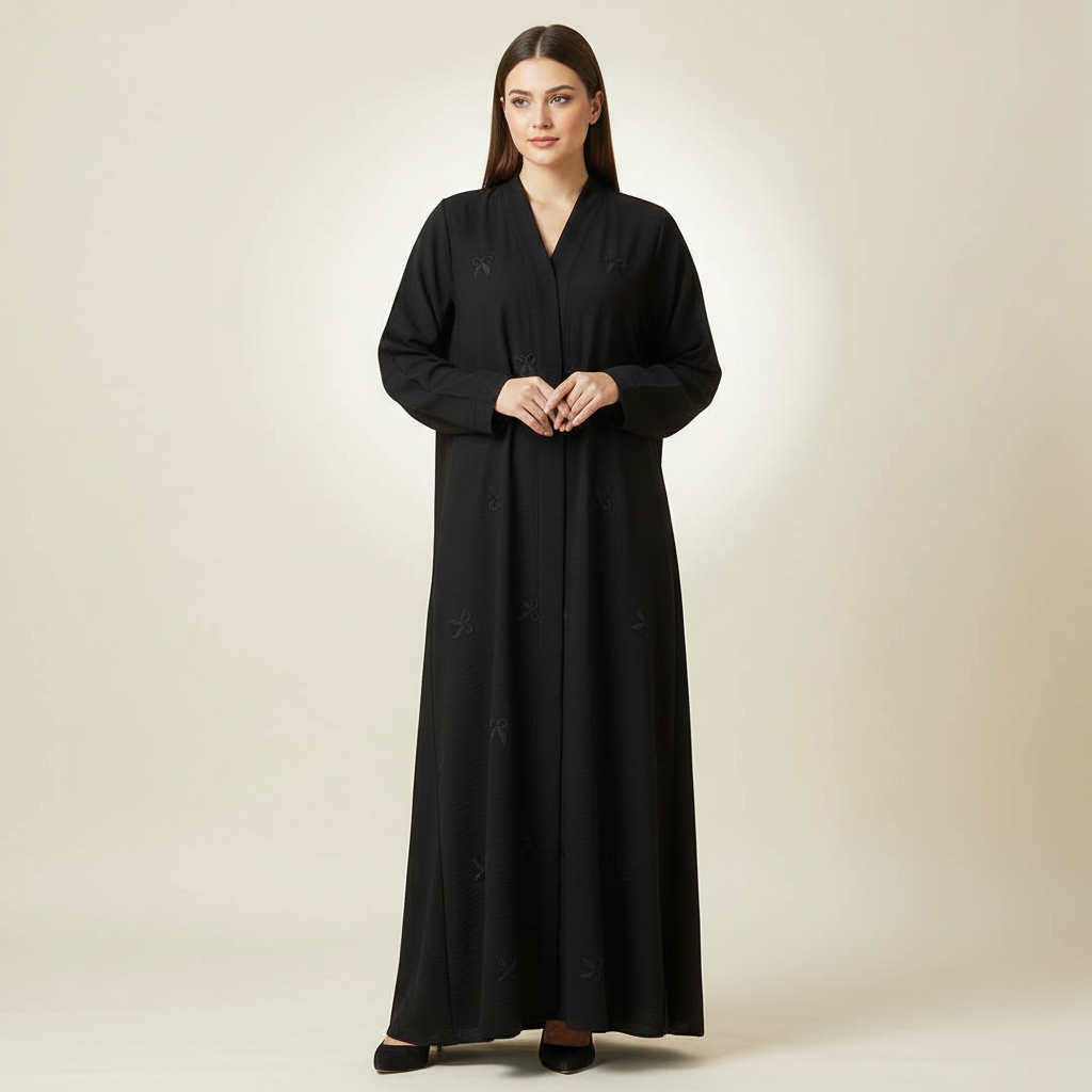 Elegant Ribbon-Motif Front-Open Modest Abaya